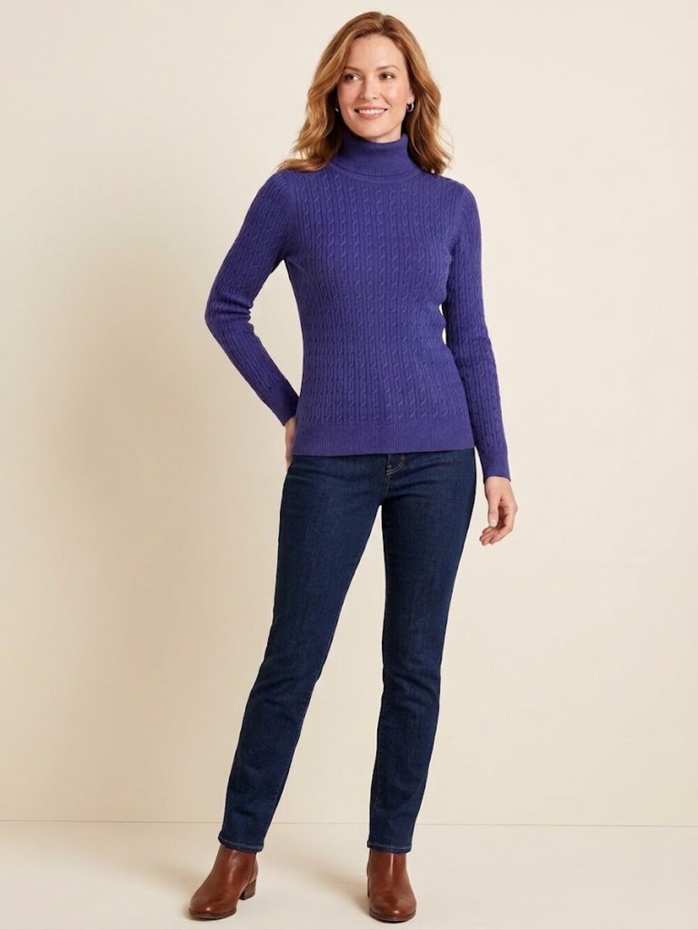 Talbots 100% Pima Cotton Cable-Knit Turtleneck Sweater in Blue